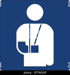 White icon of a person with an arm in a sling on a blue background, representing an arm injury or medical assistance. Stock Vector