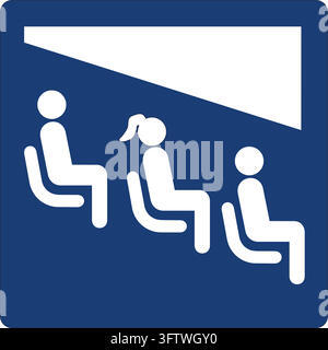 A blue icon depicts three stylized figures sitting in chairs and watching a large screen, symbolizing a cinema, theater, or presentation. Stock Vector