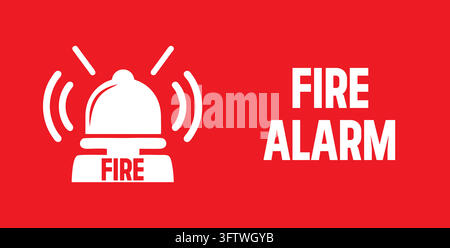 A white fire alarm bell icon with the word "FIRE" and "FIRE ALARM" text is displayed on a bright red background. Stock Vector