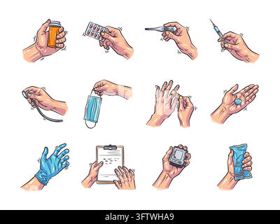 A comprehensive collection of twelve human hands holding medical equipment, pills, syringes, face masks, and diagnostic tools. Drawn in a vivid comic Stock Vector