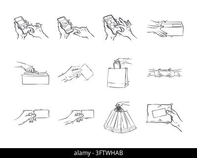 A monochrome line art drawing set showcasing twelve hand poses related to online shopping, package unboxing, voucher holding, and parcel delivery. Bla Stock Vector
