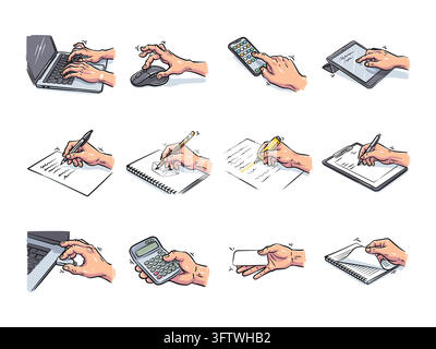 A comprehensive collection of twelve hand actions utilizing various office objects including laptops, desk tools, and writing stationery. Illustrated Stock Vector