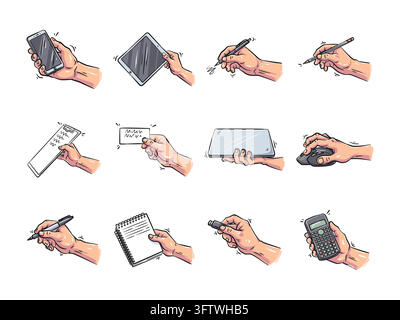 A detailed set of twelve hands holding modern office gadgets, stationery supplies, and technology devices. Rendered in a comic line art style with rea Stock Vector