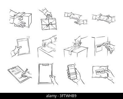A monochrome line art drawing set featuring twelve hand poses handling delivery parcels, packaging boxes, courier envelopes, and shipping tools. Drawn Stock Vector