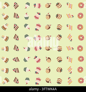 Colorful Seamless Pattern of Various Sweet Desserts Including Cakes, Cupcakes, Donuts, and Pastries vector Stock Vector