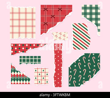 Set of Christmas torn paper pieces with festive patterns like plaid candy canes and stars vector flat Stock Vector