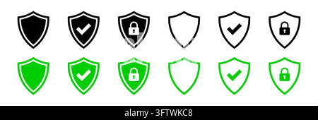 Security shield icon set, protective shield symbols with padlock and check mark, protection and safety sign, cybersecurity verification and digital se Stock Vector