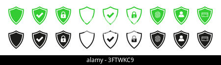 Security shield icon set, protective shield symbols with padlock and check mark, protection and safety sign, cybersecurity verification and digital se Stock Vector