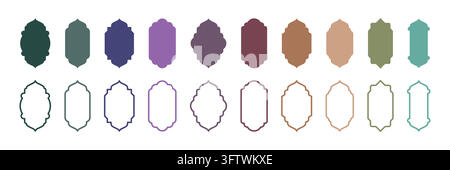 Set of Islamic shape of door or window in flat and outlined. Arabic frames or old mosque frame set in oriental style. vector illustration Stock Vector
