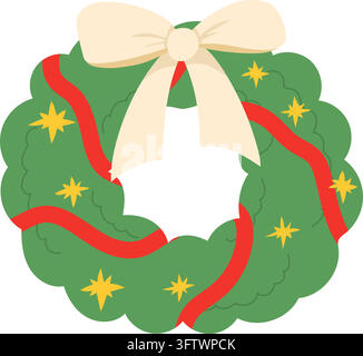 A soft green wreath featuring a cream gingham bow, colorful string lights, and simple leafy details in a cheerful hand-drawn style. Stock Vector