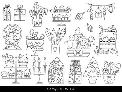 Black and white coloring page showing holiday treats and presents Stock Vector