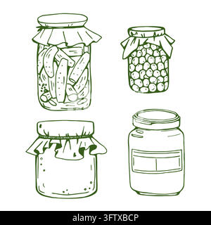Hand drawn vector set of rustic glass jars for different flavors. Line art illustration for preserving, honey or jam Stock Vector
