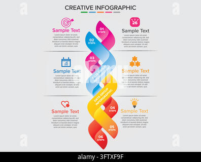 Creative Vertical 6 Step Infographic Template with Colorful Ribbon Design Stock Vector