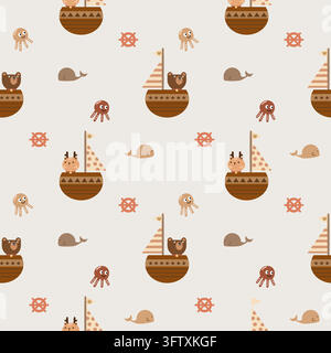 Bear and reindeer in the boat cartoon so cute. On whale squid boat steering wheel background. Welcome autumn. Pattern seamless vector illustration. Stock Vector