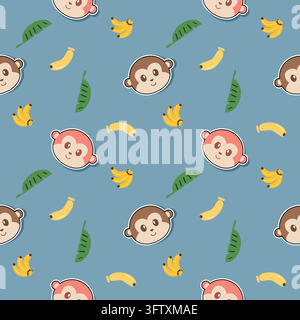 Face monkey cartoon so cute. On banana leaf background. Pattern seamless vector illustration. Stock Vector