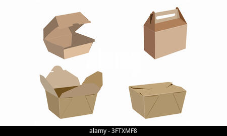 Set of 4 takeaway food packaging carton box vector illustrations. Flat color graphic silhouette icons of brown kraft paper containers Stock Vector