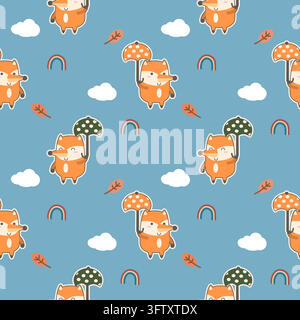 Fox open an umbrella cartoon so cute. On rainbow leaf cloud blue background. Pattern seamless vector illustration. Stock Vector