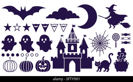 Halloween vector icon set with spooky elements, pumpkins, bats, and haunted house illustration Stock Vector