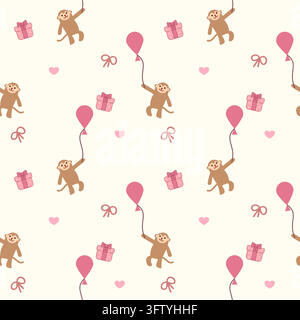 Monkey and balloon pink cartoon so cute. On gift heart knot background. Pattern seamless vector illustration. Stock Vector