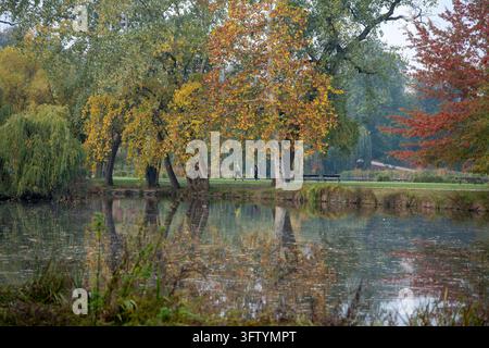 Two people walk along a path beside a pond surrounded by colorful autumn trees reflected in the water at Stromovka Park. Stock Photo