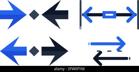 Vector set of blue and black directional arrows with measurement icons isolated on white background Stock Vector