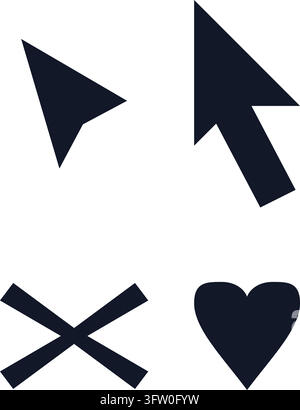 Set of black computer mouse cursor arrow icons with cross and heart symbols isolated on white background Stock Vector