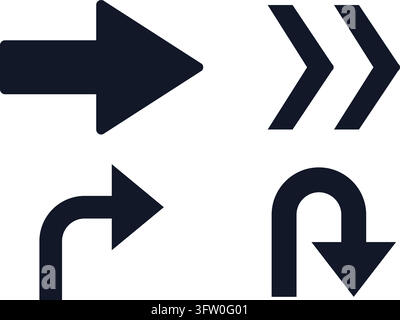 Set of black directional arrow icons including straight, curved, and chevron styles on white background Stock Vector