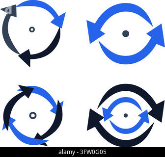 Set of circular arrow icons representing rotation, refresh, and synchronization concepts in blue and black vector style Stock Vector