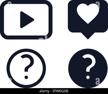 Set of four minimalist black vector icons including play button, heart speech bubble, and question marks Stock Vector