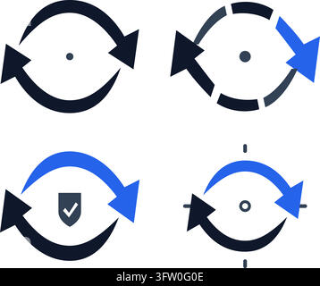 Set of circular refresh and sync arrow icons with shield and checkmark symbols in blue and black Stock Vector