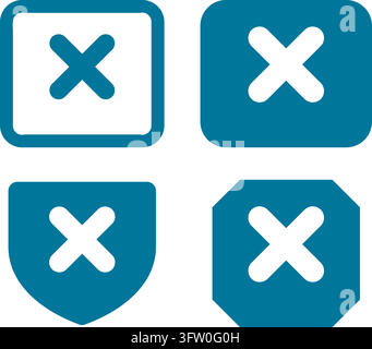 Set of four blue close button icons with cross symbols in square, shield, and octagonal shapes on white background Stock Vector