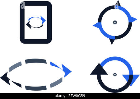 Set of flat vector refresh and reload icons with circular arrows on smartphone and white background Stock Vector
