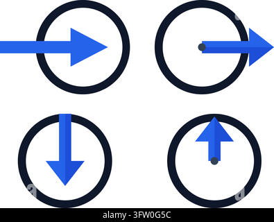 Set of blue directional arrows entering and exiting black circular frames vector icons Stock Vector