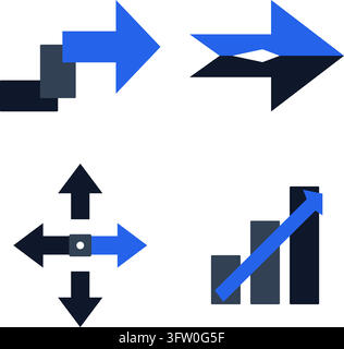 Set of four blue and black vector arrow icons representing growth, direction, and navigation on white background Stock Vector