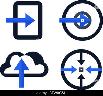 Set of four flat vector icons representing digital data transfer, cloud upload, and target focus concepts Stock Vector