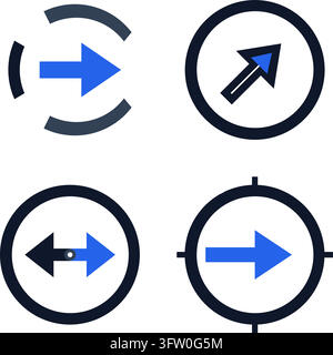 Set of four blue and black vector arrow icons with circular frames isolated on white background Stock Vector