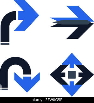 Set of four blue and black arrow icons including turn, speed, and expand symbols on white background Stock Vector