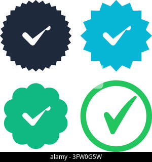 Set of four colorful vector checkmark icons in starburst and circular shapes isolated on white background Stock Vector