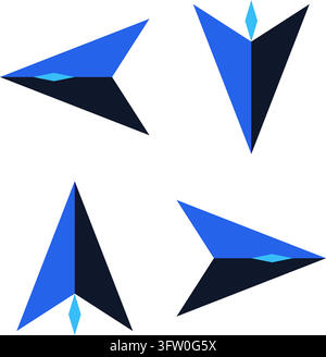 Set of blue and black navigation arrow icons with cyan accents isolated on white background Stock Vector