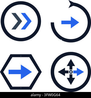 Set of four blue and black navigation arrow icons in circular and hexagonal frames on white background Stock Vector