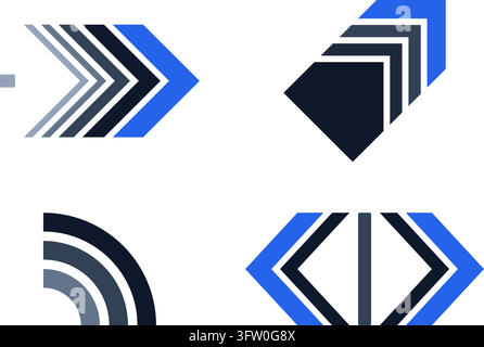 Set of modern geometric arrow icons in blue and navy for web design and navigation Stock Vector
