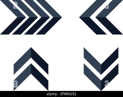 Set of dark blue 3D chevron arrows pointing in four directions isolated on white background Stock Vector