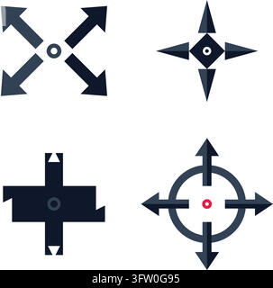 Set of four dark blue directional arrow icons with crosshair and compass designs on white background Stock Vector