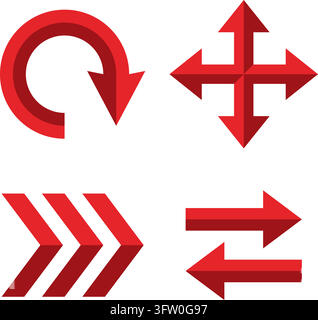 Set of four red 3D arrow icons including refresh, move, and direction symbols isolated on white background Stock Vector