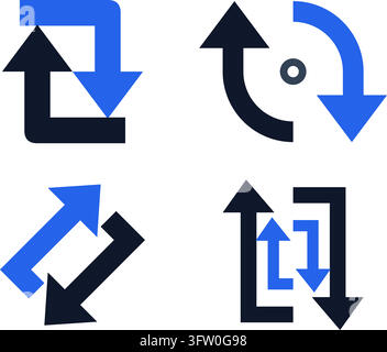 Set of four blue and black vector icons representing data exchange, synchronization, and transfer concepts Stock Vector