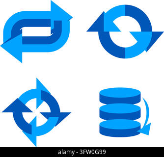 Set of blue circular arrows and database icons representing data synchronization and refresh Stock Vector