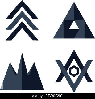 Set of four abstract geometric triangle logos in dark blue and navy tones on white background Stock Vector