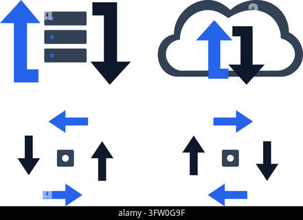 Flat vector icons of cloud upload download and data transfer arrows on white background Stock Vector
