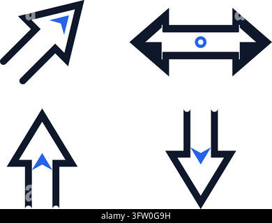 Set of four minimalist directional arrow icons in navy blue and blue isolated on white background Stock Vector