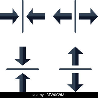 Set of dark blue 3D arrows pointing towards a central line indicating convergence on white background Stock Vector